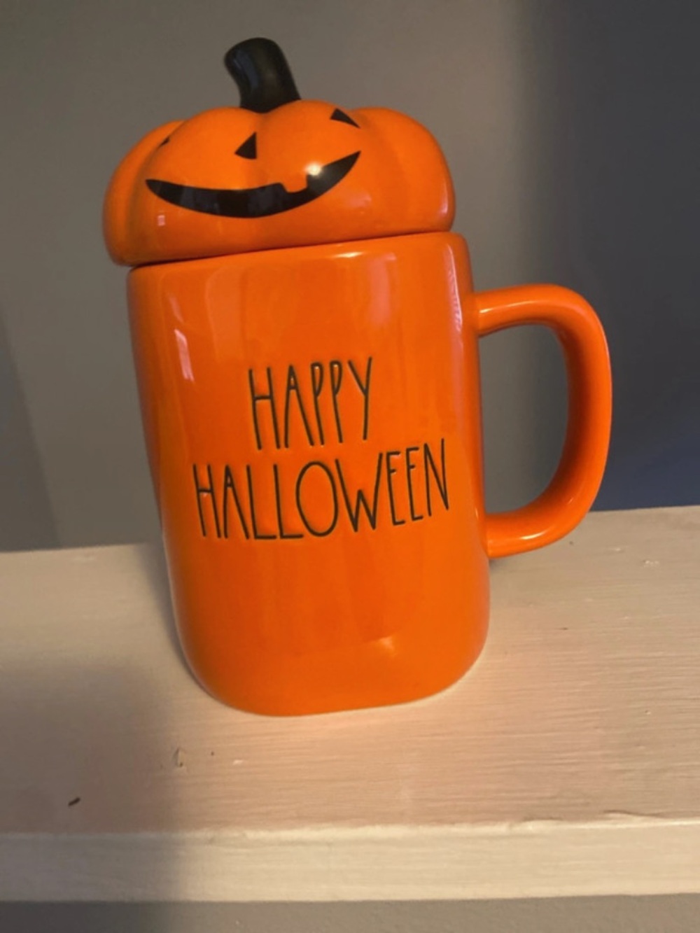 Rae Dunn Orange Pumpkin Lid Mug - "Happy Halloween"